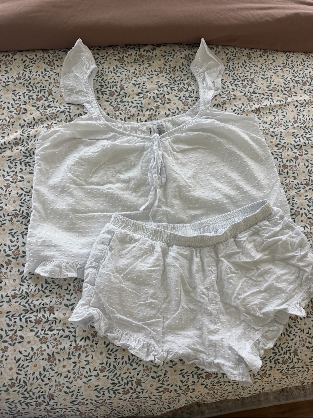 Lulu's White Swiss Dot Tie-Front Cami & Ruffle Shorts Sleep Set